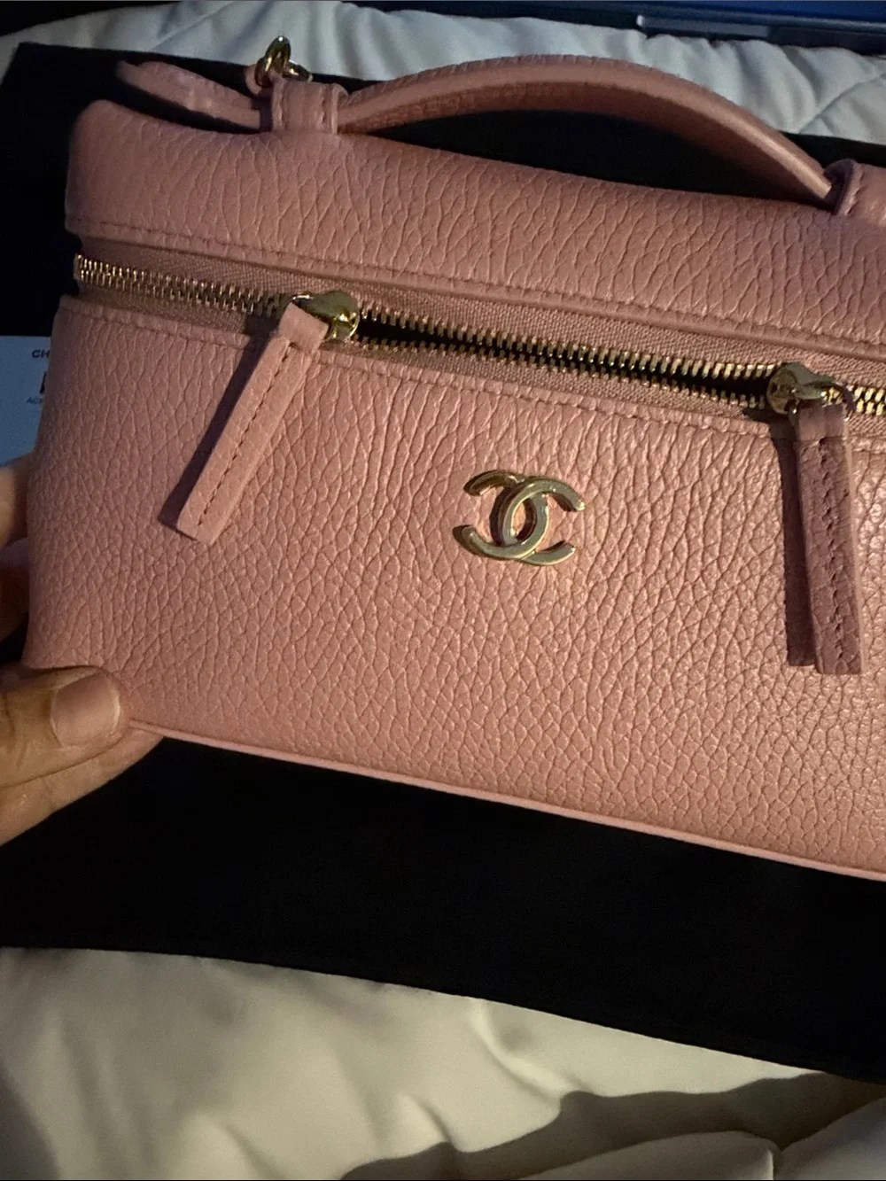 100% CHANEL Pink Pebbled Leather vanity Mini Bag with Gold Hardware with